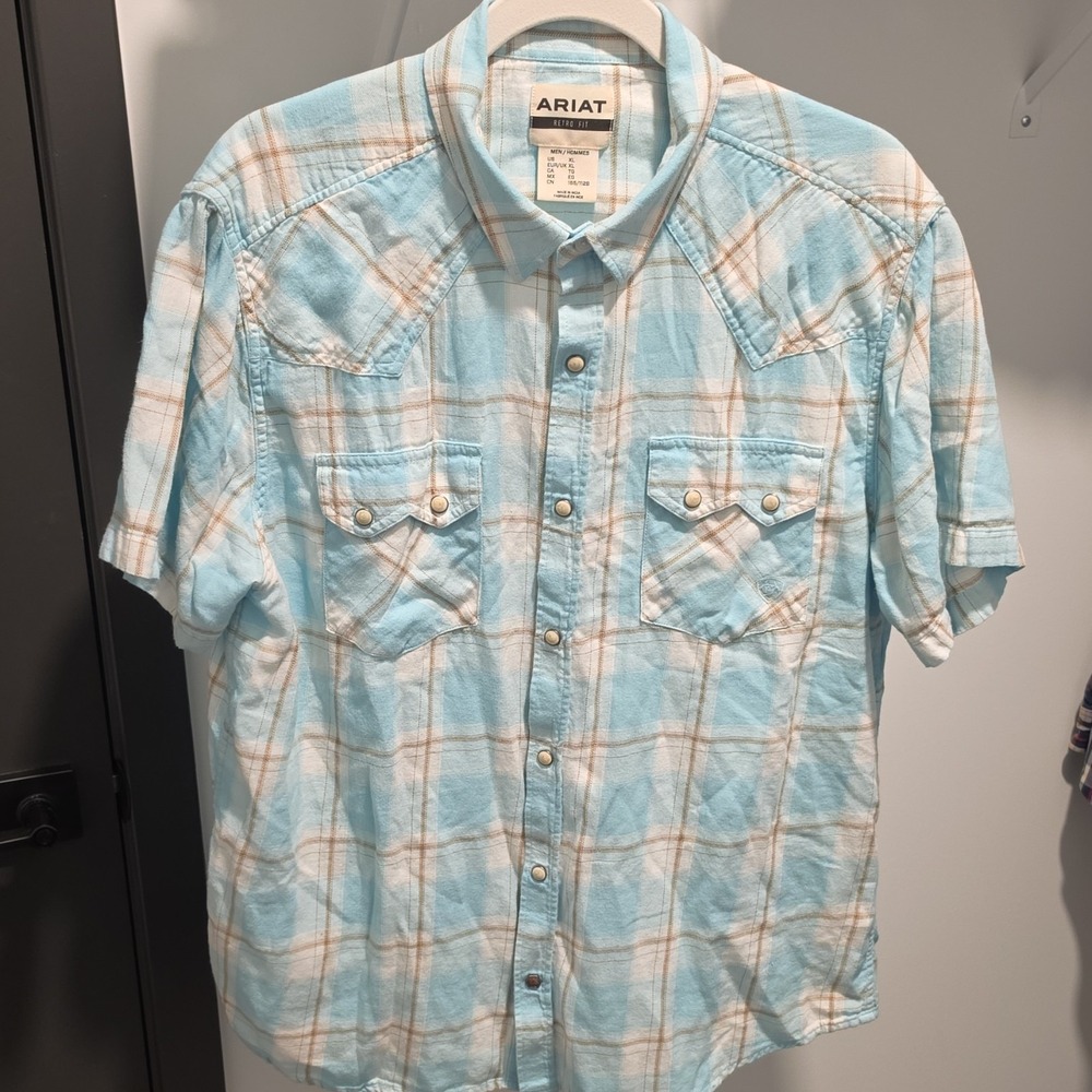 Ariat Retro Fit Men's Blue White Brown Plaid Short Sleeve Button-Up Shirt XL